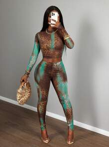 Slaydiva Conjunto de 2 piezas de top de malla de cuello halter de manga larga y pantalones de malla (con forro interior) con estampado de leopardo, nuevo para primavera y verano de 2025, estilo occidental nómada apropiado para fiestas de cumpleaños, graduaciones, uso diario y clubes, viral. - Marrón - Ver 2