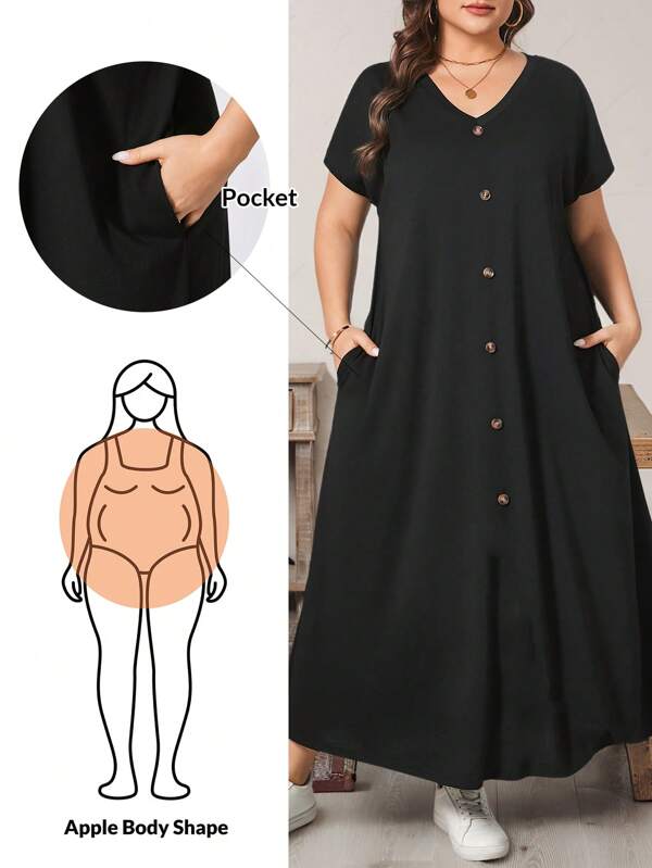 SHEIN Essnce Plus Size Moda Feminina Primavera E Verão Casual Solto Confortável Diário Manga Curta Preto Decote Em V Bolso Vestido Longo, Roupas De Verão Para Mulheres, Roupas De Igreja Femininas, Estilo Dinheiro Antigo Feminino, Roupas De Professora Para Mulheres, Roupa De Aeroporto Para Mulheres