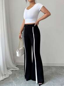 Elenzga 女式梭织无弹力喇叭裤，侧开衩撞色设计，优雅时尚工作休闲装，夏季 - 黑與白 - 查看 5