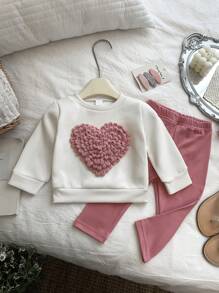 SHEIN Baby Girl Newborn To 3 Years Old Cute & Funny Heart Design Long Sleeve Sweatshirt & Leggings Set, Daily Versatile Infant Toddler Autumn/Winter Outfit Fall - Pink - View 4
