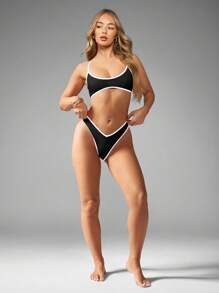 MISSGUIDED 对比色绑带双肩带比基尼套装超高开叉巴西风格沙滩装夏季泳衣现代设计沙滩泳衣泳池派对 - 黑與白 - 查看 6