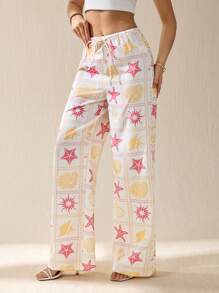 SHEIN Tall Pantaloni lunghi con stampa a stelle marine, vita bassa, adatti per l'estate in vacanza