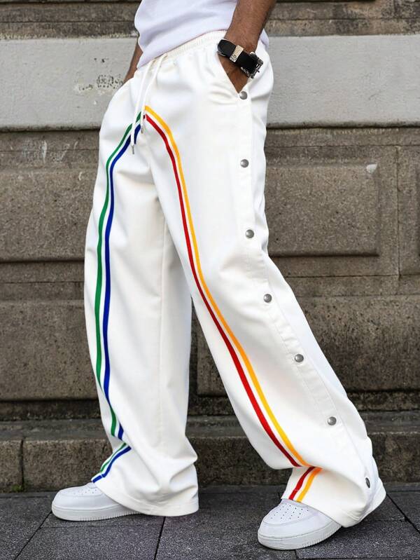 Manfinity Streetrush Pantalones rectos de cintura elástica y holgados para hombre, pantalones blancos de verano, para volver a la escuela