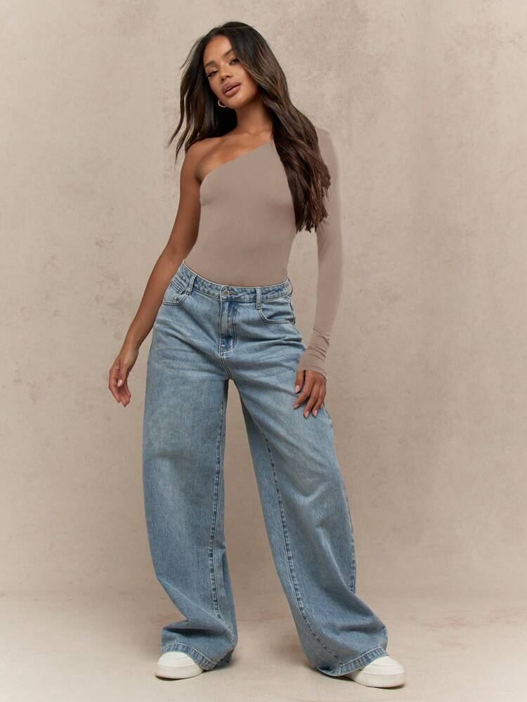 MISSGUIDED One Shoulder Long Sleeve Bodysuit Form Fitting Asymmetric Dance Party Evening Wear Women Fashion Statement Body Shaper Fall Winter Clothing