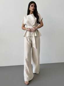 Firerie Spring/Summer New Simple Elegant Daily Office Commute Apricot Linen Bamboo Node Round Neck Waisted Button Down Shirt & High Waist Straight Wide Leg Pants Outfit, Linen Daily Commute & Vacation Set,Graduation,Teacher Outfits For Women,Back To School - Apricot - View 7