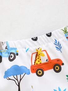 SHEIN Playful Pals Conjunto de bebé y niño pequeño de top de manga corta con estampado de animales y carros lindos, y shorts estampados, adecuado para salidas y uso diario en primavera/verano