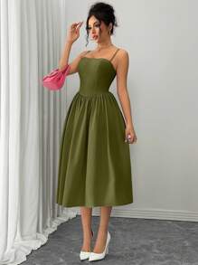 Rafferiza 秋冬女士时尚百搭约会派对修身腰喇叭裙 - 軍綠色 - 查看 3