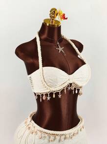 Amplova Set de 2 piezas: Top corto decorado con cuerda, estrella de mar y concha, y mini falda