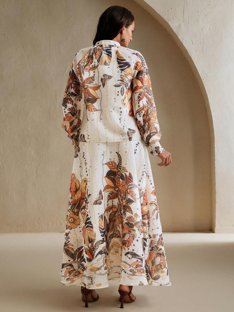 Elegant Vintage Floral Print Long Sleeve Waisted Blouse And Skirt Two Pieces Set, Women Summer Outfits