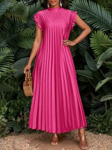 SHEIN Lady Ingwer-Satin plissiertes Kleid mit kurzen Ärmeln für Frauen, locker und lässig, Urlaub, elegant, für Partys, vier Jahreszeiten, Geburtstag & Veranstaltungen, Büro, Hochzeit, Feiertage