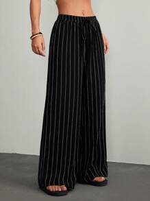 SHEIN PETITE 女士休闲通勤条纹阔腿裤 - 黑色 - 查看 7