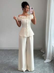 Women's Fashion Minimalist Off Shoulder Blazer Suit - Apricot - View 6