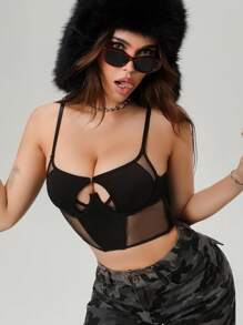 3/4 罩杯钢圈文胸，带钢圈，前开合，网眼拼接，镂空，低胸领口，提升和增强，可作为外穿，塑形，女士内衣文胸 - 黑色 - 查看 6