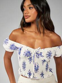 MISSGUIDED Áo crop top hở vai Milkmaid xếp ly họa tiết thêu hoa mùa hè tay bèo nhún kiểu Cottagecore buộc dây phía trước - Màu xanh nhạt - Xem 5