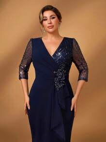 Serin Vestido elegante y romántico de talla grande con escote en V, parches de lentejuelas, tejido de punto, manga media transparente, parche floral, volantes y dobladillo de cola de sirena para ocasión especial de la madre