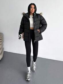 EURMUSE Contrast Faux Fur Hooded, Zip Up, Winter Coat - Black - View 5