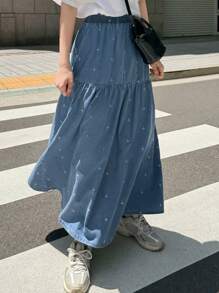 FRIFUL Women's Elastic Waist Embroidered Pleated Skirt, Casual Versatile Airport Travel Holiday Outfit