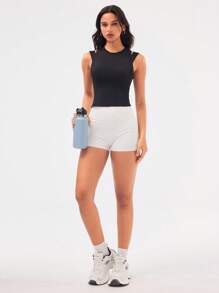 Easithlete Femei minimalist culoare solidă umăr decupat plasă Splice transparent sport maiou - Negru - Vizualizare 6