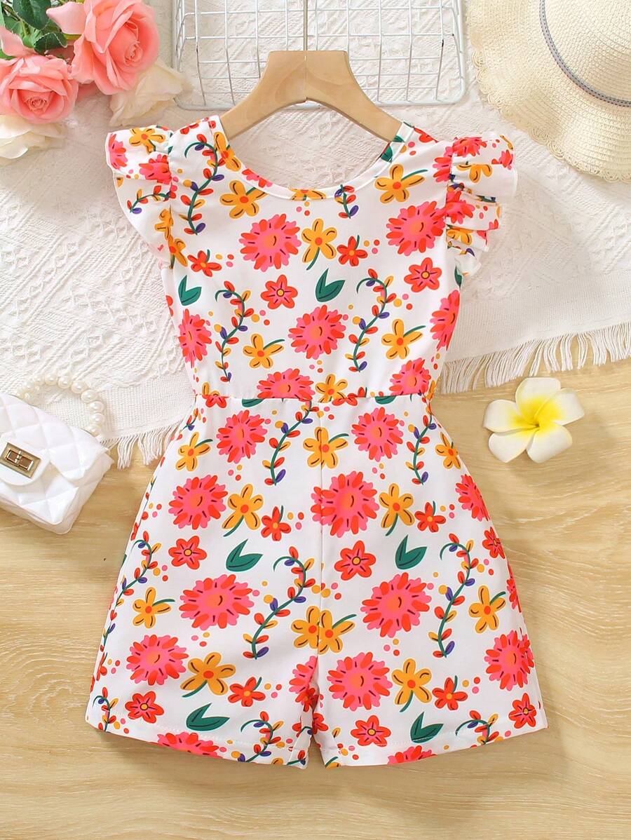 Elladie kids 1 件夏季年轻女孩休闲碎花连体衣，带短袖，百搭日常装儿童碎花连体衣女童碎花连体衣幼儿女童碎花连体衣女婴碎花连体衣女童夏季连体衣 - 彩色 - 查看 1