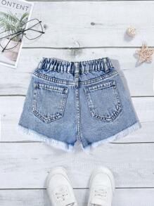 SHEIN شورت جينز مزمل بتصميم مفزع للفتاة الصغيرة، متعدد الاستخدامات، سريع الجفاف، مناسب لفصل الصيف