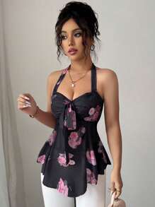 Elenzga Women's Summer Spaghetti Strap Elasticated Waist Casual/Resort Floral Print Mesh Transparent Sexy Cold-Shoulder Tank Top