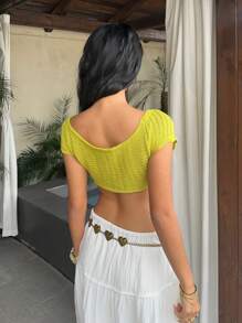 Sunnyshic Top corto de punto con cuello en V profundo y diseño de torsión, vibra de vacaciones