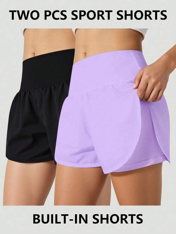 SHEIN Tween Girls 2-Piece Outfit, Solid Black & Purple, Simple Design, Loose Fit, Comfortable, Versatile, Casual, Athletic, High Waist For Snug Fit Effect, All-Match Shorts & Sports Pants, Moisture-Wicking, Sweat Absorbing, For Spring/Summer, School, Campus, College Girls Athletic Shorts Double Layer Shorts  Workout Shorts For Women Running Shorts Girls