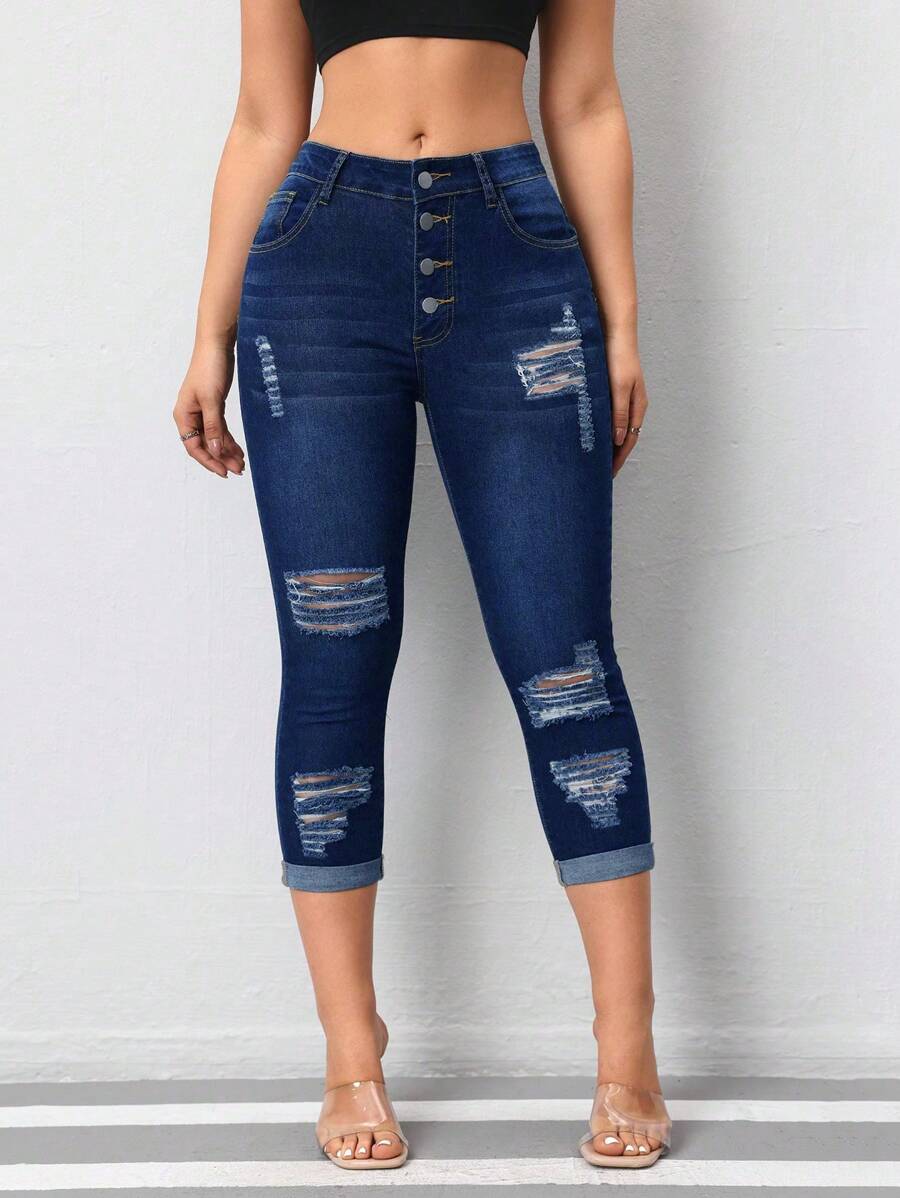 SHEIN Plus Size Women Distressed Denim Capri Pants With Multiple Buttons, Stylish Summer Outfits For Women Festival Outfits Elegant Vacation Outfits Woman - Blue - View 1
