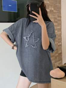 DAZY Áo cánh denim thường ngày cổ tròn tay ngắn mùa hè dành cho nữ có họa tiết ngôi sao 3D, dáng rộng cho bé gái tuổi teen - Rửa nhẹ - Xem 2