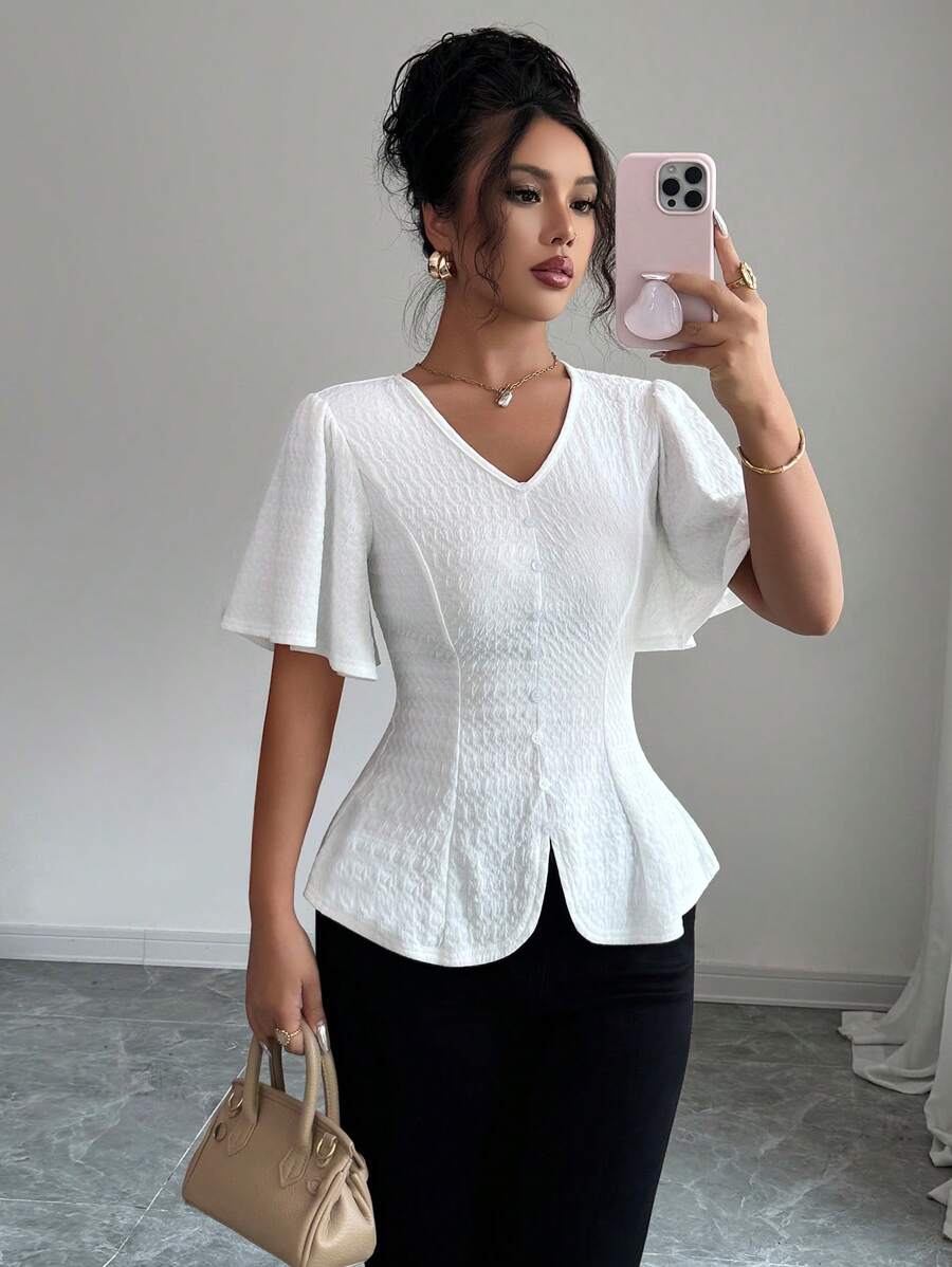 Elenzga Camiseta elegante de unicolor con mangas de volantes y cuello en V con textura, blusa de corte peplum adecuada para vacaciones de primavera/verano