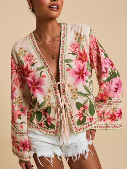 Travachic Woven Print Long Sleeve Cropped Loose Fit Women Shirt, Summers For Women, Beachwear, Spring And Summer ,Suitable For Holiday Date, Afternoon Tea, Wedding Season, Beach Cruise Vacation, City Road Trip Vacation, Boho Vacation, Music Festival ,Elegant Clothes For Women, Easter, Holidays, Beach For Woman, Spring Break, Vacations Women ,Concert Women,  Bohemia, Music Festival, Hot Seller, Tropical Vacation Woman Clothes,