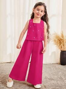SHEIN Young Girl Elegant Sweet Cute Gathered Round Neck Bow Decorated Pearl Sleeveless Shirt Top And Wide Leg Solid Color Pants Set, Red - Hot Pink - View 5