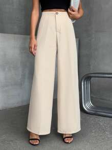 SHEIN Cottnline 女士纯色梭织优雅修身腰直筒外出裤高档女士裤装 - 米色 - 查看 3