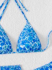 Swim Vcay 3 件套女士性感豹纹露背三角比基尼上衣，网眼系带侧裙泳衣 - 藍色 - 查看 4