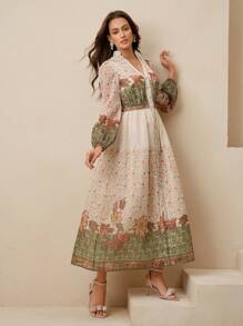 Anewsta Đầm nữ dài tay cổ đứng in họa tiết cổ điển phong cách Bohemian Beach Resort - Nhiều màu - Xem 1