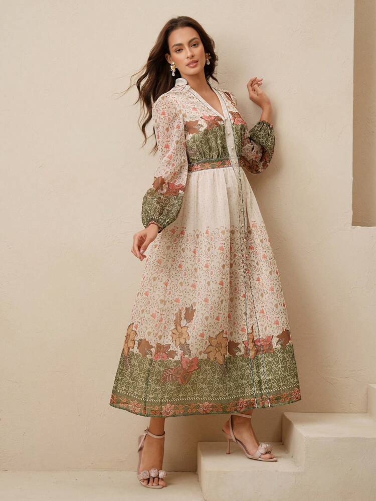 Bohemian Beach Resort Style Vintage Print Waist-Cinched Stand Collar Long Sleeve Women Dress