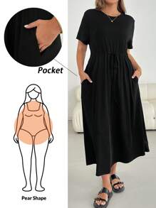 SHEIN Essnce Plus-Size Women's Summer Dress, Short-Sleeved Dress, Black Dress, Casual Women's Clothing Summer Dresses For Women Holiday Dress,Maxi Dress
