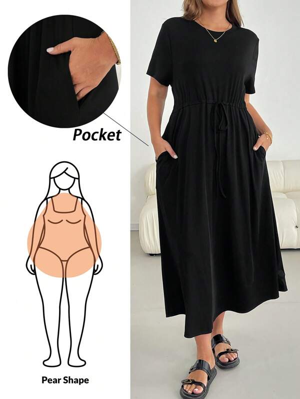 SHEIN Essnce Plus-Size Women's Summer Dress, Short-Sleeved Dress, Black Dress, Casual Women's Clothing Summer Dresses For Women Holiday Dress,Maxi Dress