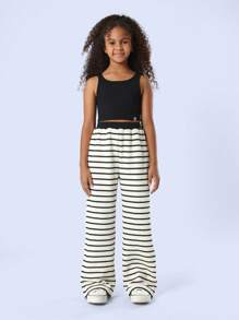 SUMWON Wide Leg Knitted Pants Horizontal Striped Ribbed Wear Palazzo Pants Fall Winter Cozy Soft Tween Bottoms - Black and White - View 3