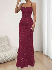 SHEIN PETITE 女士优雅露背可调节系带连衣裙 - 紅色 - 查看 4