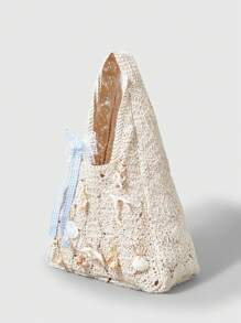 ROMWE Fairycore 1pc Bohemian Style Hollow Woven Beach Tote Bag With Seashell, Fish Tail, Tropical Flower Decorations For Women, Includes DIY Decoration Materials - Multicolor - View 3