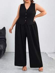 SHEIN CURVE+ Conjunto informal de talla grande para vacaciones, temporada de graduación, vuelta al colegio de chaleco blazer + pantalones / camisetas gráficas
