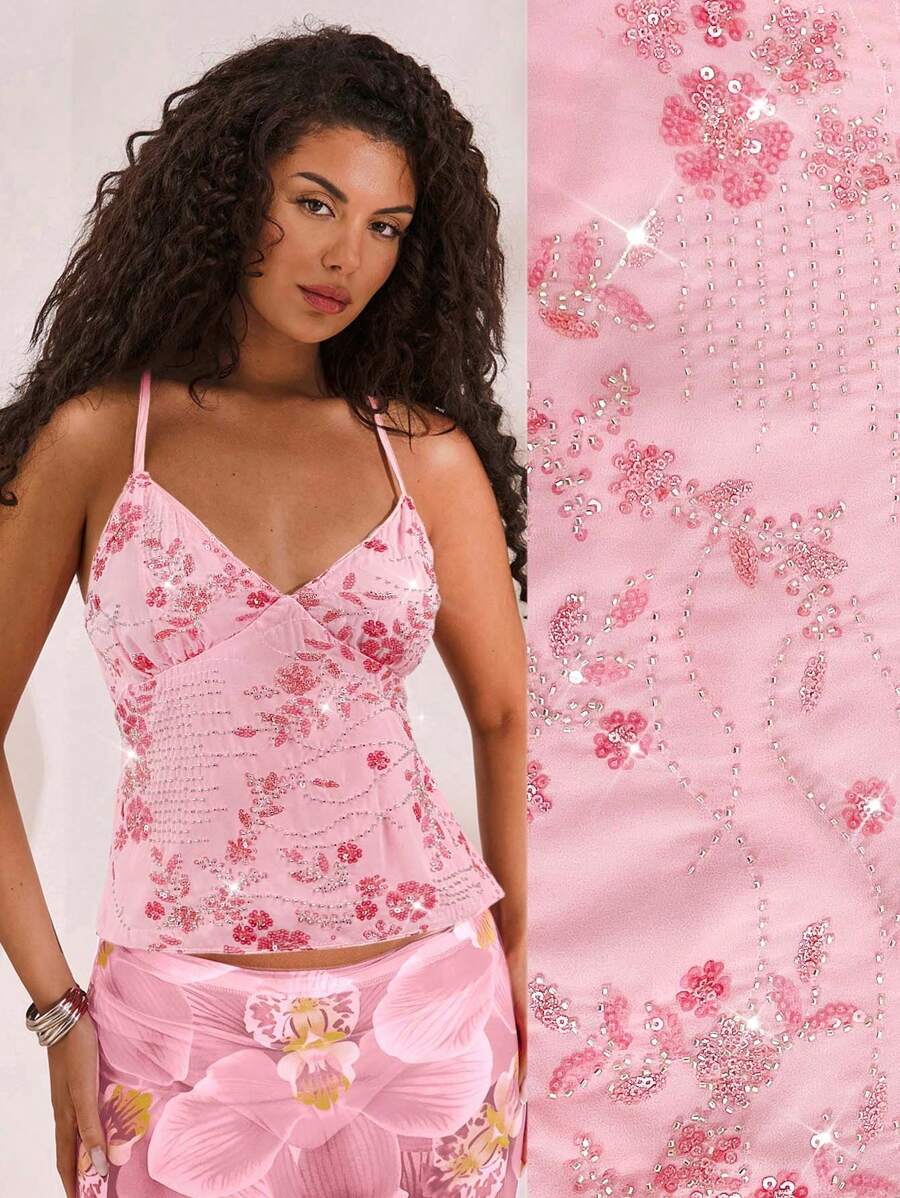 Opulessa Áo hở lưng màu trơn đính sequin và thêu cho nữ, thích hợp đi chơi, dự đám cưới, phong cách công sở thường ngày, đi xem hòa nhạc, dự tiệc, đi club, áo màu hồng, trang phục đón năm mới, lễ Tạ ơn, áo dự tiệc thanh lịch, áo dạ hội sang trọng cho đám cưới, áo gợi cảm cho club. - Hồng - Xem 1