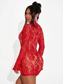 SHEIN SXY Winter Red Party Dress New Year's Eve Lace Sexy Dress New Year's Dress, Chinese Style New Year's Dress. - Red - View 2