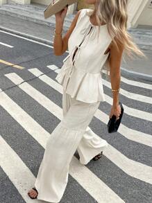 SHEIN PETITE CURVE 2pcs/Set Plus Size Women Summer Solid Color Tie Front Sleeveless Shirt And Wide Leg Pants Casual Suit,Two Piece Set Women - Apricot - View 6
