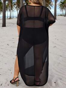 SHEIN CURVE+ Vestito estivo da donna con taglio a vista, manica corta, girocollo, in tessuto traslucido e colorazione tinta unita, con orlo fendente, adatto per l'estate, vacanze in campagna, spiaggia