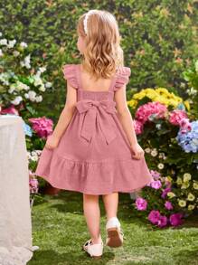 SHEIN Young Girl Ruffled Cap Sleeve Pink Vacation Dress, Summer - Pink - View 3