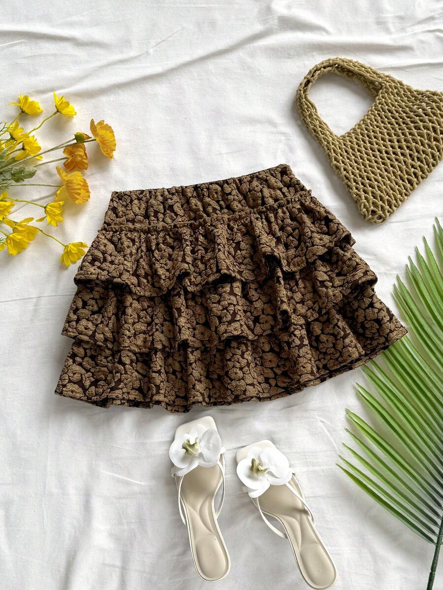 Soleia 女士度假纹理提花编织低腰分层荷叶边下摆 A 字迷你裙，适合派对、约会、情人节、假日、复活节、狂欢节、中国新年、海滩巡游、城市旅行、婚礼季、下午茶、返校 - 咖啡棕 - 查看 1