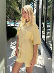SHEIN EZwear Yellow Woven Women 2pcs Set: Button Down Short Sleeve Shirt & Shorts