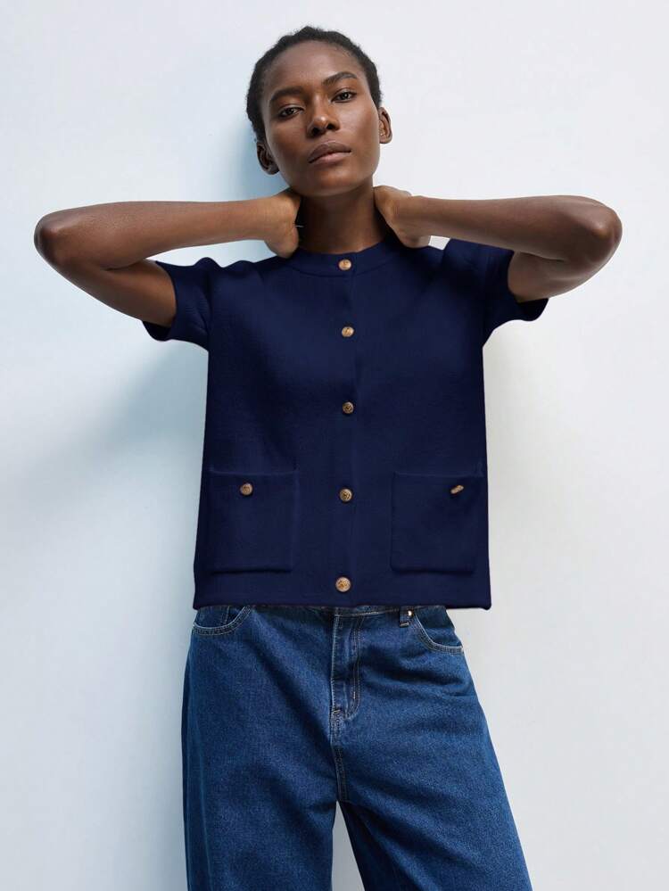 SHEIN Maija 2026 Elegant Women Deep Blue Knitted Cardigan, Suitable For Casual, Romantic Urban Vacation, Outdoor Wear, Party, Wedding Guest, Vintage, Bohemian, 90s Retro Outerwear Fall, Christmas Women's Clothing  St Patrick's Day Women Easter Summer Outfits Easter Dress Women Party Top Beach Dress Summer Holiday Outfits Each Vacation Outfits For Women